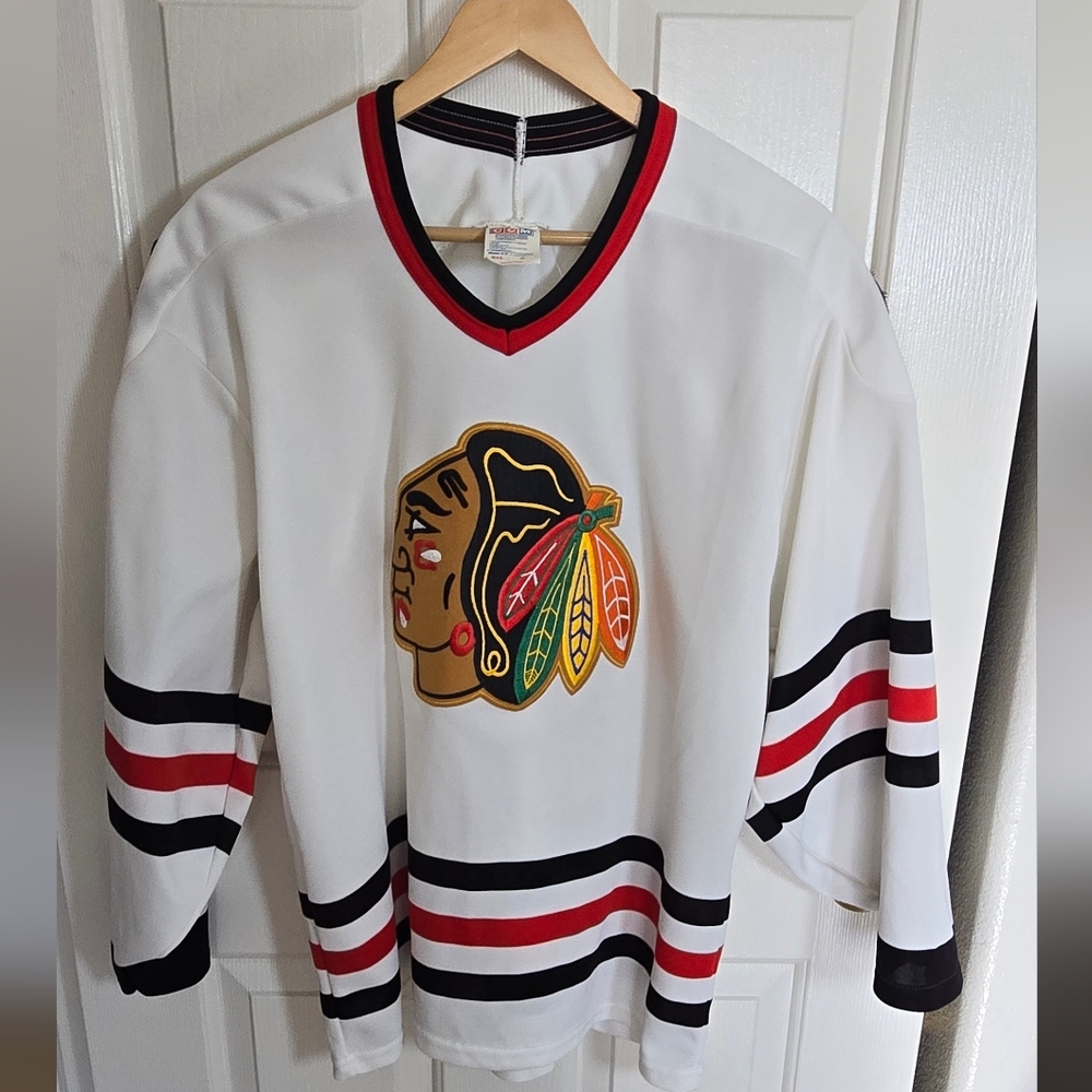 Vintage Chicago Blackhawks CCM Maska Air-Knit Sewn Hockey Jersey Medium 22x29
